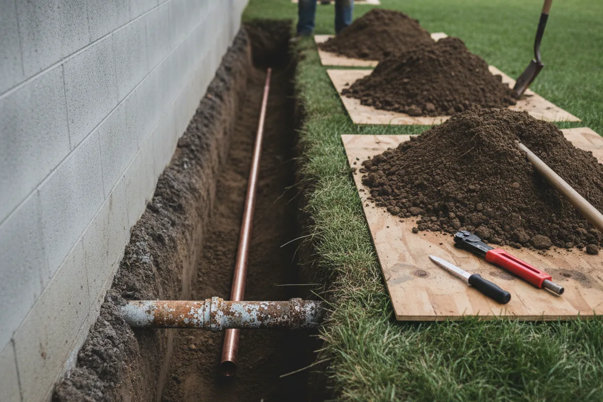 Excavated water line trench during Sewer Line Repair in Taylor Springs